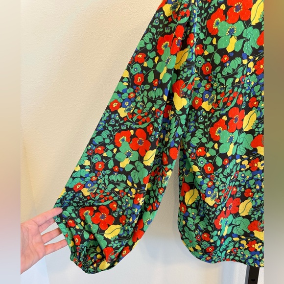 Alexis Red and Green Floral Long Sleeve Blouse Mandarin Collar Small Office - Picture 6 of 9